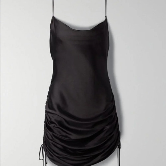 Aritzia Wilfred Only Ruched Slip Satin Dress Midi Mini Black Size Small - Picture 2 of 13